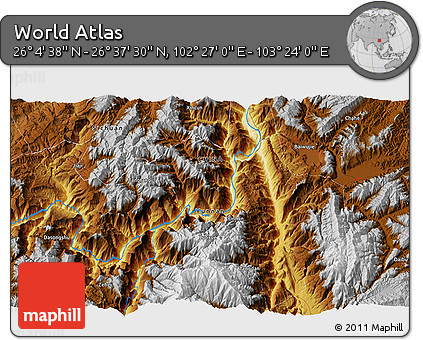 Physical 3D Map of the Area around 26° 21' 4" N, 102° 55' 30" E
