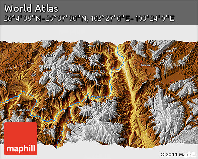 Physical 3D Map of the Area around 26° 21' 4" N, 102° 55' 30" E