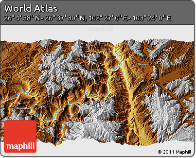 Physical 3D Map of the Area around 26° 21' 4" N, 102° 55' 30" E