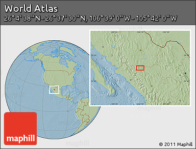 Savanna Style Location Map of the Area around 26° 21' 4" N, 106° 10' 30" W, hill shading