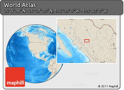 Shaded Relief Location Map of the Area around 26° 21' 4" N, 106° 10' 30" W