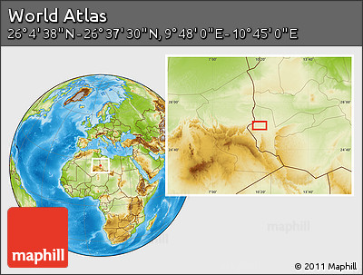 Physical Location Map of the Area around 26° 21' 4" N, 10° 16' 30" E