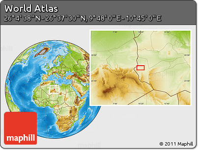 Physical Location Map of the Area around 26° 21' 4" N, 10° 16' 30" E