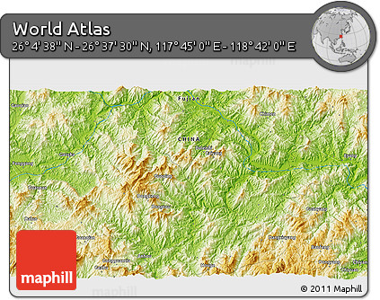 Physical 3D Map of the Area around 26° 21' 4" N, 118° 13' 29" E