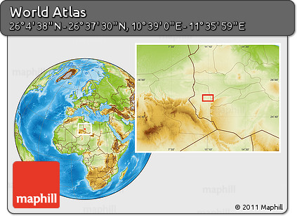 Physical Location Map of the Area around 26° 21' 4" N, 11° 7' 30" E