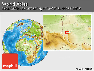 Physical Location Map of the Area around 26° 21' 4" N, 11° 7' 30" E