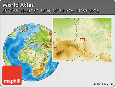 Physical Location Map of the Area around 26° 21' 4" N, 11° 7' 30" E