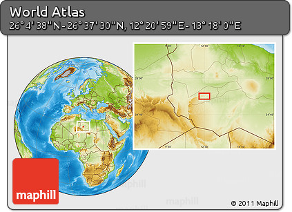 Physical Location Map of the Area around 26° 21' 4" N, 12° 49' 29" E