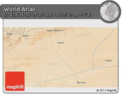 Satellite 3D Map of the Area around 26° 21' 4" N, 13° 40' 30" E