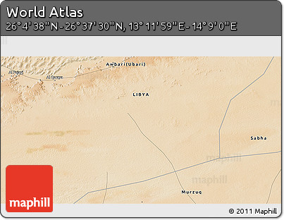 Satellite 3D Map of the Area around 26° 21' 4" N, 13° 40' 30" E
