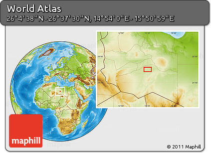 Physical Location Map of the Area around 26° 21' 4" N, 15° 22' 30" E
