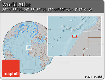 Gray Location Map of the Area around 26° 21' 4" N, 15° 13' 29" W, hill shading