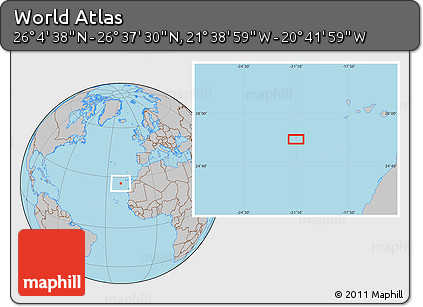 Gray Location Map of the Area around 26° 21' 4" N, 21° 10' 29" W