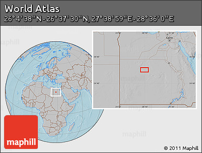 Gray Location Map of the Area around 26° 21' 4" N, 28° 7' 30" E, hill shading