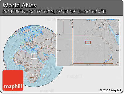 Gray Location Map of the Area around 26° 21' 4" N, 28° 7' 30" E, hill shading
