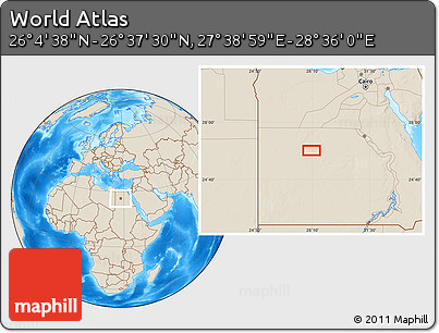 Shaded Relief Location Map of the Area around 26° 21' 4" N, 28° 7' 30" E