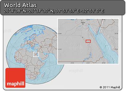 Gray Location Map of the Area around 26° 21' 4" N, 32° 22' 30" E, hill shading