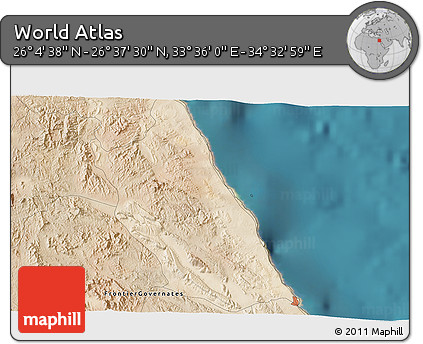 Satellite 3D Map of the Area around 26° 21' 4" N, 34° 4' 30" E