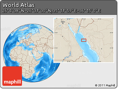 Shaded Relief Location Map of the Area around 26° 21' 4" N, 35° 46' 29" E
