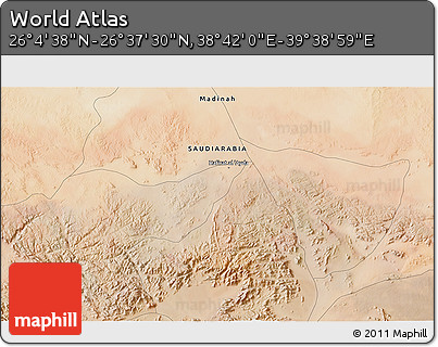 Satellite 3D Map of the Area around 26° 21' 4" N, 39° 10' 29" E