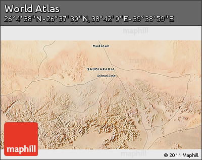 Satellite 3D Map of the Area around 26° 21' 4" N, 39° 10' 29" E