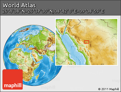 Physical Location Map of the Area around 26° 21' 4" N, 39° 10' 29" E