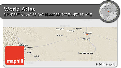 Shaded Relief Panoramic Map of the Area around 26° 21' 4" N, 45° 7' 30" E