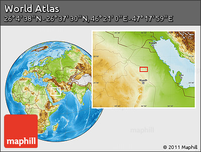 Physical Location Map of the Area around 26° 21' 4" N, 46° 49' 30" E