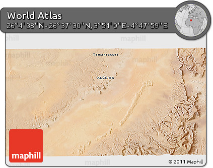 Satellite 3D Map of the Area around 26° 21' 4" N, 4° 19' 30" E