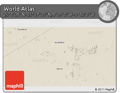 Shaded Relief 3D Map of the Area around 26° 21' 4" N, 4° 10' 30" W