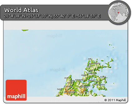 Physical 3D Map of the Area around 26° 21' 4" N, 56° 10' 29" E