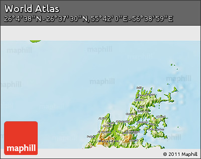 Physical 3D Map of the Area around 26° 21' 4" N, 56° 10' 29" E