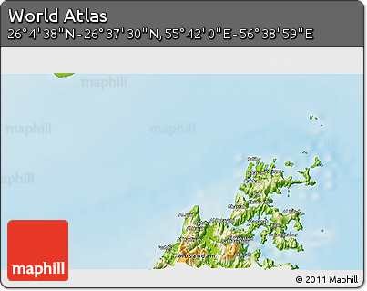 Physical 3D Map of the Area around 26° 21' 4" N, 56° 10' 29" E
