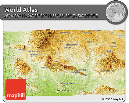 Physical 3D Map of the Area around 26° 21' 4" N, 57° 52' 30" E