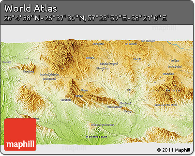 Physical 3D Map of the Area around 26° 21' 4" N, 57° 52' 30" E