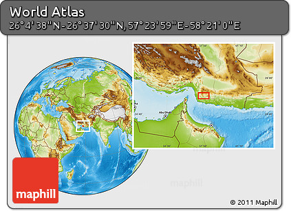Physical Location Map of the Area around 26° 21' 4" N, 57° 52' 30" E