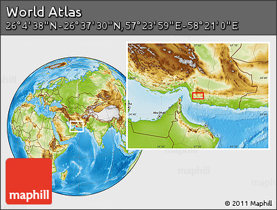 Physical Location Map of the Area around 26° 21' 4" N, 57° 52' 30" E