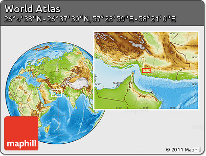 Physical Location Map of the Area around 26° 21' 4" N, 57° 52' 30" E