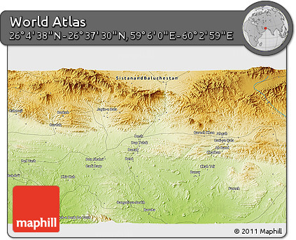 Physical 3D Map of the Area around 26° 21' 4" N, 59° 34' 30" E
