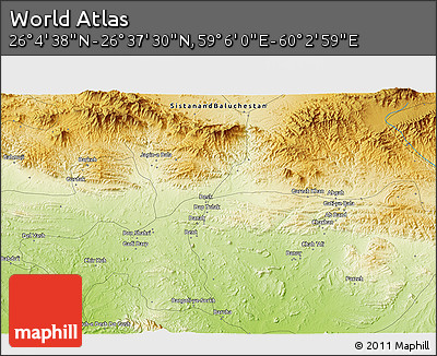Physical 3D Map of the Area around 26° 21' 4" N, 59° 34' 30" E