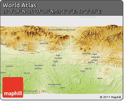 Physical 3D Map of the Area around 26° 21' 4" N, 59° 34' 30" E