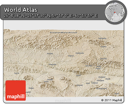 Satellite 3D Map of the Area around 26° 21' 4" N, 60° 25' 29" E