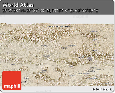 Satellite 3D Map of the Area around 26° 21' 4" N, 60° 25' 29" E