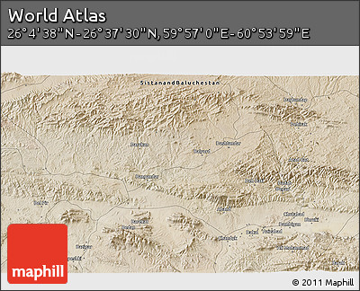 Satellite 3D Map of the Area around 26° 21' 4" N, 60° 25' 29" E
