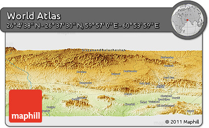 Physical Panoramic Map of the Area around 26° 21' 4" N, 60° 25' 29" E