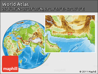 Physical Location Map of the Area around 26° 21' 4" N, 62° 7' 30" E