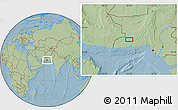 Savanna Style Location Map of the area around 26° 21' 4" N, 63° 49' 30" E, hill shading