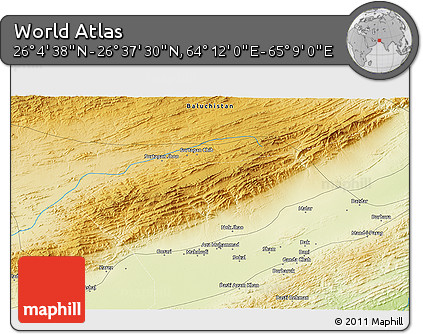 Physical 3D Map of the Area around 26° 21' 4" N, 64° 40' 30" E