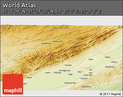 Physical 3D Map of the Area around 26° 21' 4" N, 64° 40' 30" E