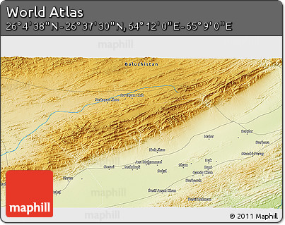 Physical 3D Map of the Area around 26° 21' 4" N, 64° 40' 30" E